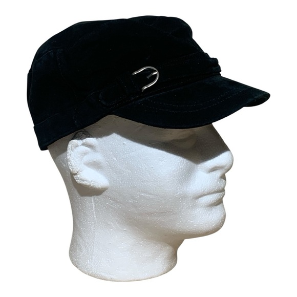 Black Suede Y2K Cap With Silver Buckle Accent - Picture 1 of 4